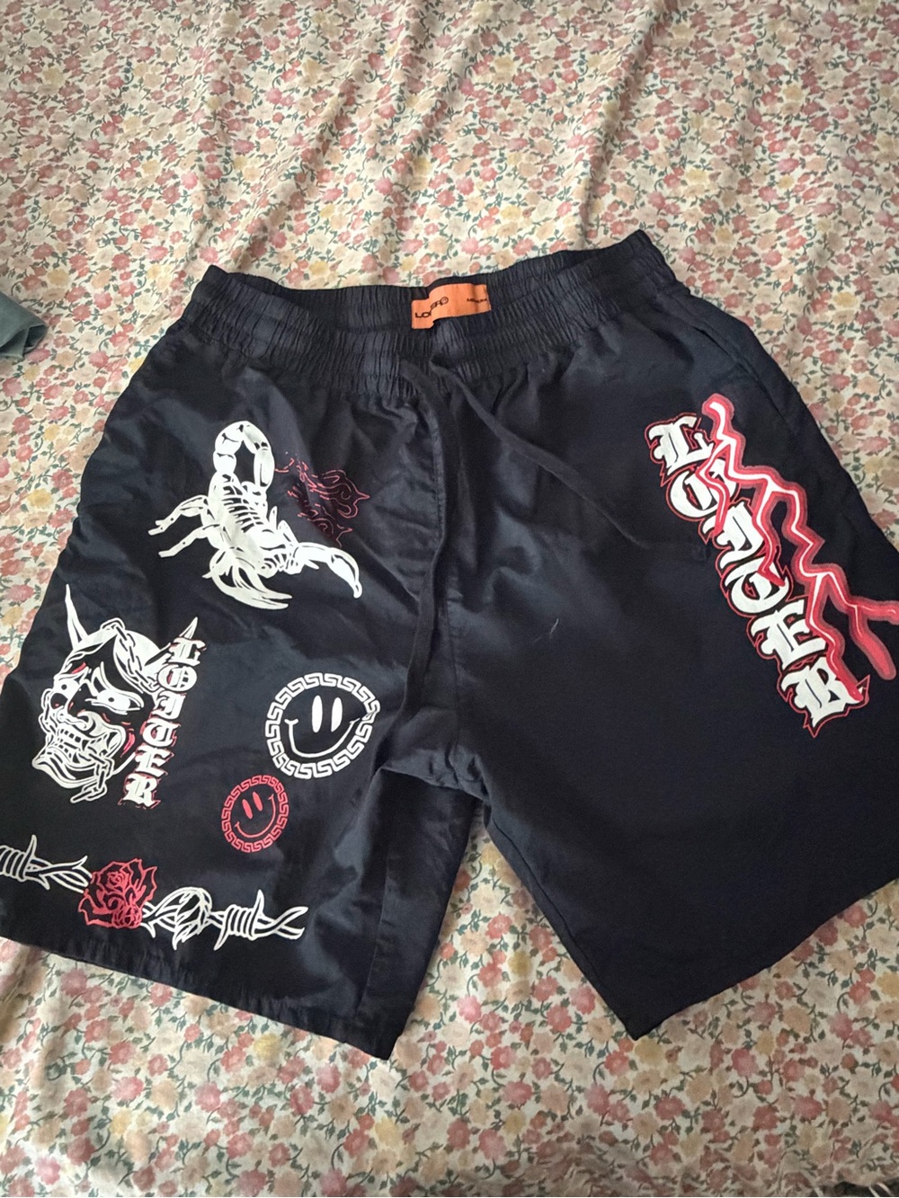 LOFT Black Athletic Shorts with White and Red Graphic Prints
